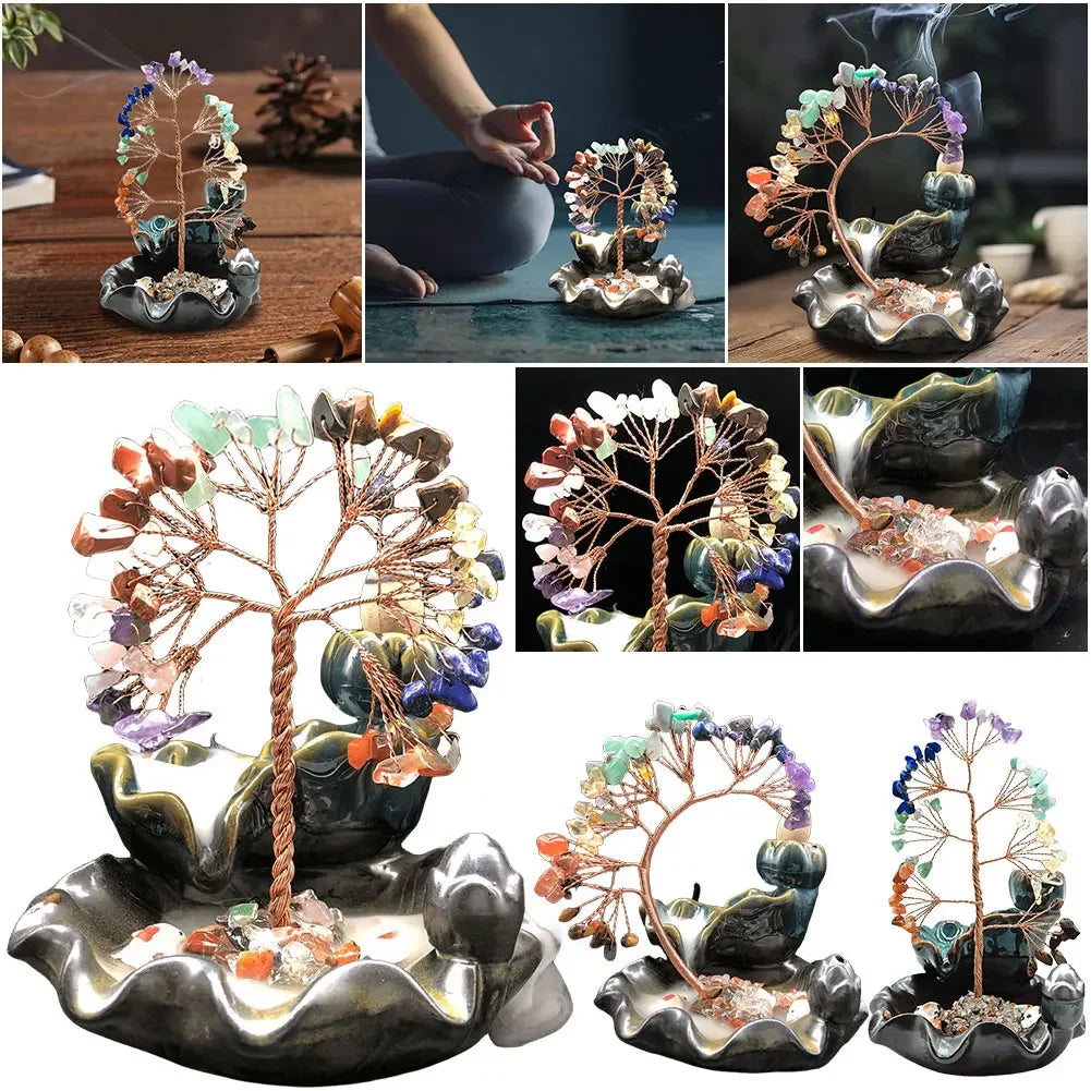 7 Chakra Tree Home Decor Healing Crystal Stone Money Tree Incense Burner Yoga Meditation House Warming Gift for Wealth Good Luck