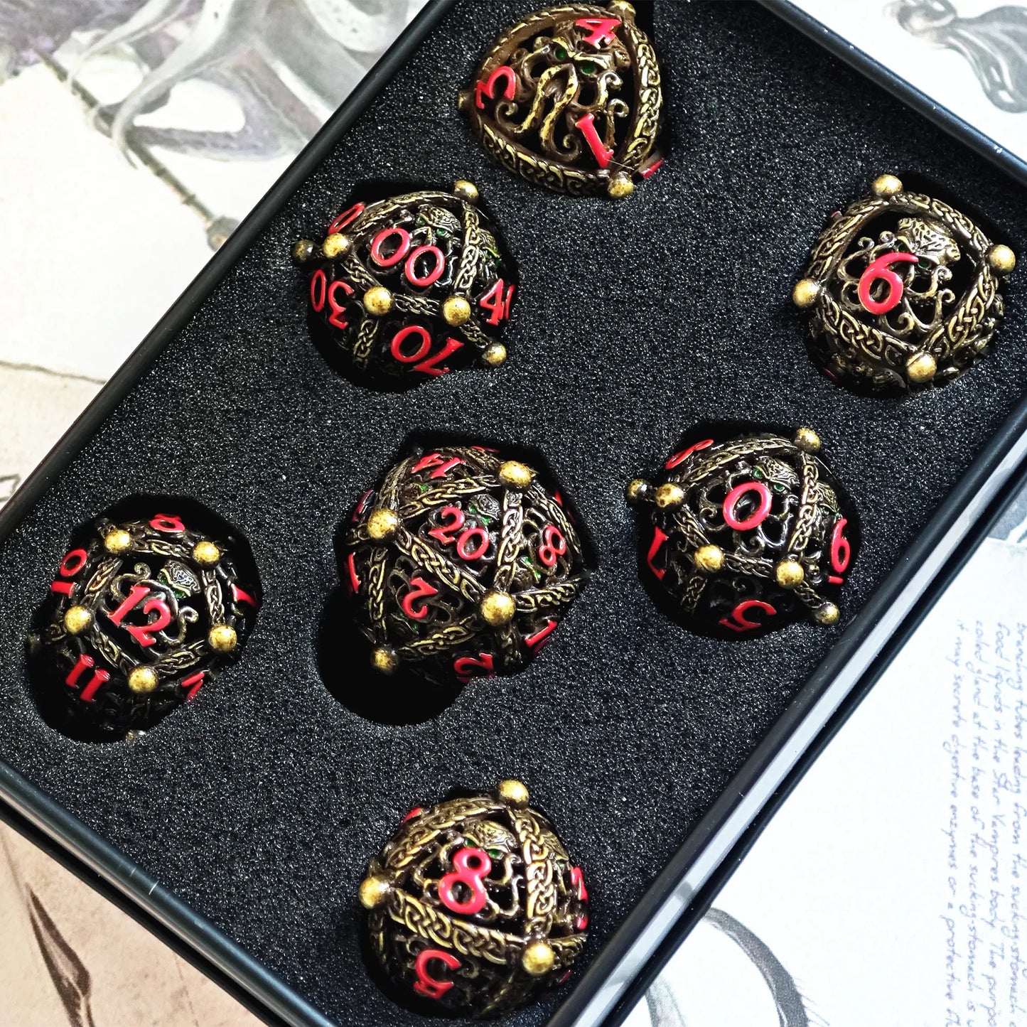 MINI PLANET Round Hollow Octopus Dice Set DND Dice For TRPG Desktop Game Metal Dice DND Set Metal Octopus Dice 7pcs/set OS10-3-Box