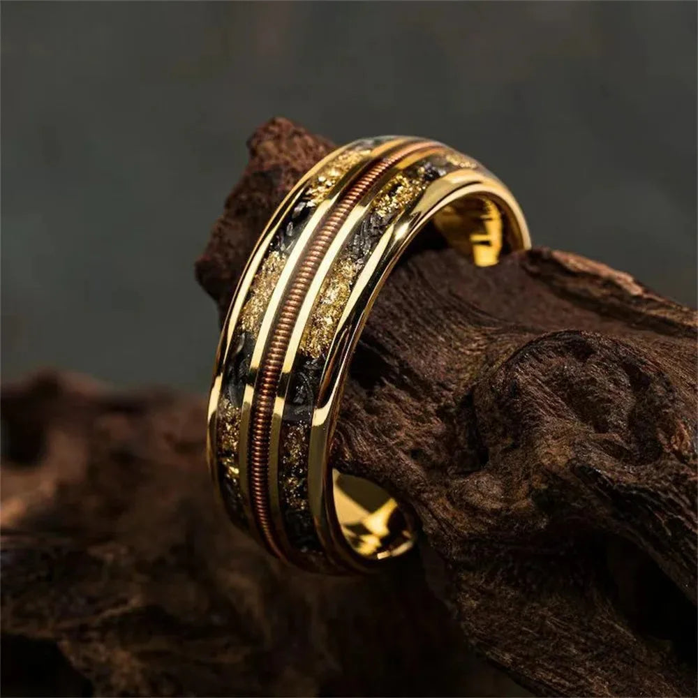Fashion Black Stainless Steel Rings for Men With Guitar String Inlay Guitarist Ring For Musician Wedding Jewelry