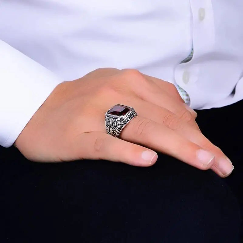 Retro Turkish Handmade Men Ring Vintage Carved Pattern Red Synthetic Zircon Rings Rock Punk Islamic Muslim Wedding Jewelry