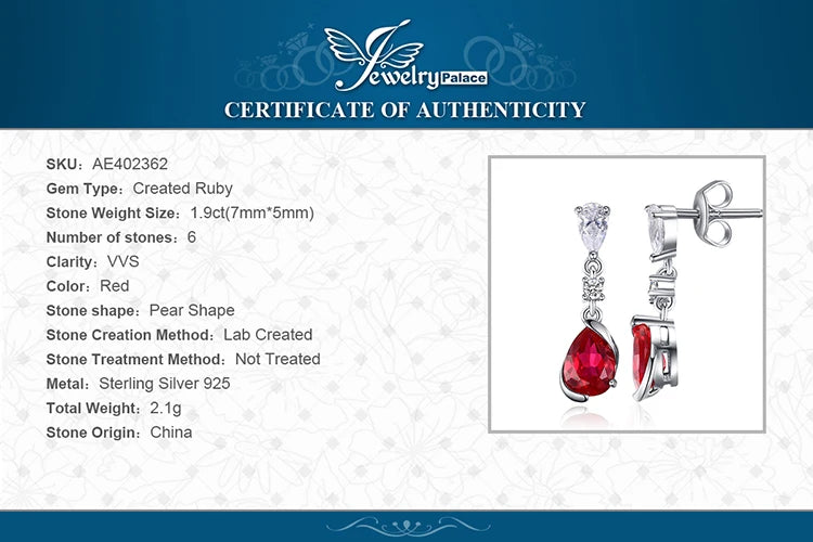 JewelryPalace 1.9ct Pear Created Red Ruby 925 Sterling Silver Drop Earrings for Woman Fashion Gemstone Jewelry Anniversary Gift