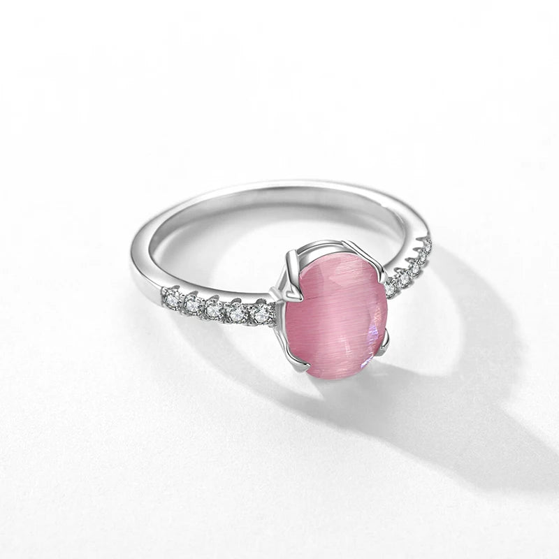 Modian Genuine 925 Sterling Silver Fashion Romantic Oval Pink Opal Finger Ring For Women Girls Charm Party Fine Jewelry Gifts