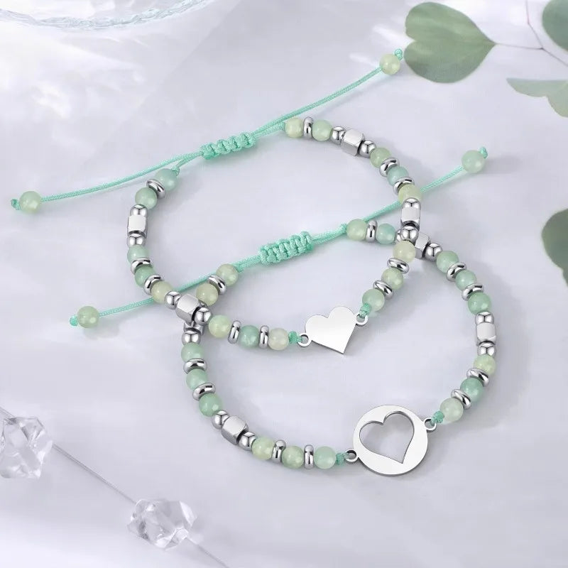 Natural Amazonite Stainless Steel Heart Mother Daughter Bracelets Set Jewelry for Women, Mothers Day Gifts for Mom/Daughter