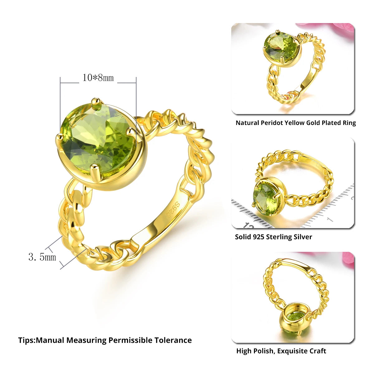 Natural Peridot Silver Rings 2.6 Carats Genuine Birthstone Yellow Gold Plated Women Classic Luxury Wedding Rings Top Quality