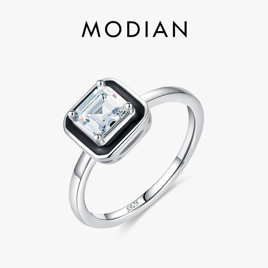 MODIAN 925 Sterling Silver Fashion Black Enamel Finger Ring Clear Square CZ Ring For Women Engagement Wedding Fine Jewelry 9