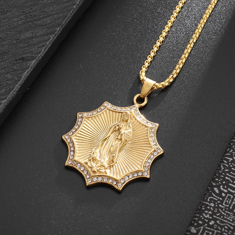 Classic Catholic Virgin Mary Square Pendant Necklace for Men Women Christian Religious Prayer Amulets Jewelry Gifts