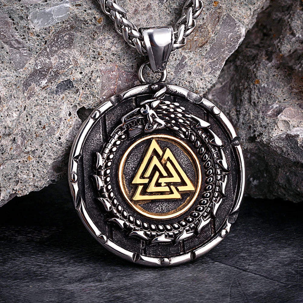 Vikings Ouroboros Dragon Necklace Men Stainless Steel Norse Runes Triangle Pendant Amulet Scandinavian Jewelry Vintage Male Gift