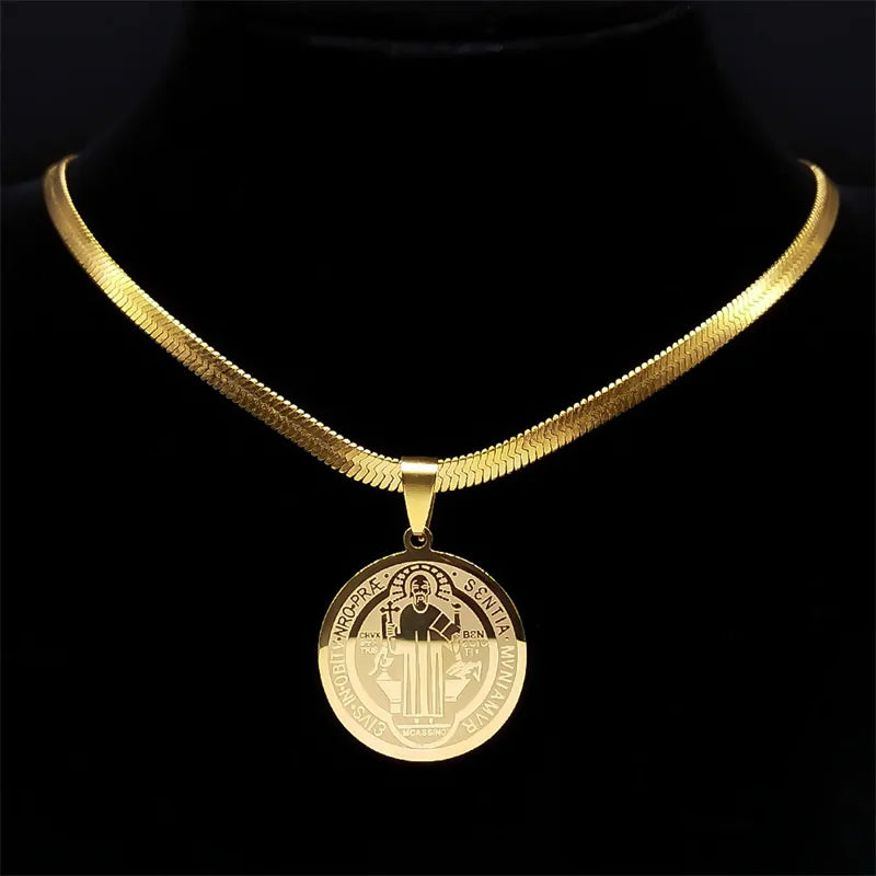 Hip Hop Saint Benedict Medallion Pendant Necklace Men Stainless Steel Snake Chain Choker Necklaces Jewelry San Benito Collares