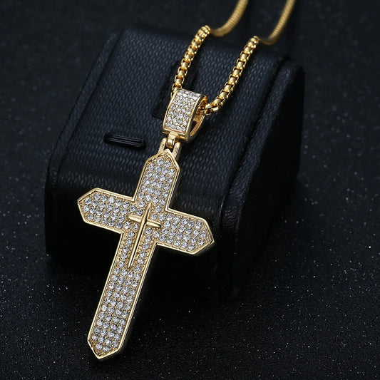 Collar con colgante de cruz cristiana para hombre, de acero inoxidable, nueva cadena chapada en oro, joyería de rap, hip hop.