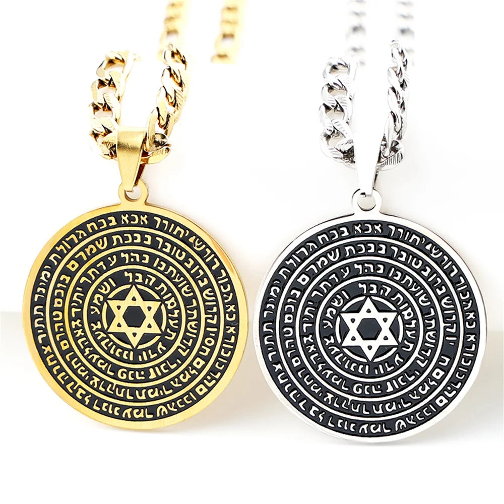 Jewish Bible Stainless Steel Hexagram Pendant Necklace Women Men Gold Color 72 Names Of The God Moses Mezuzah Enamel Jewelry