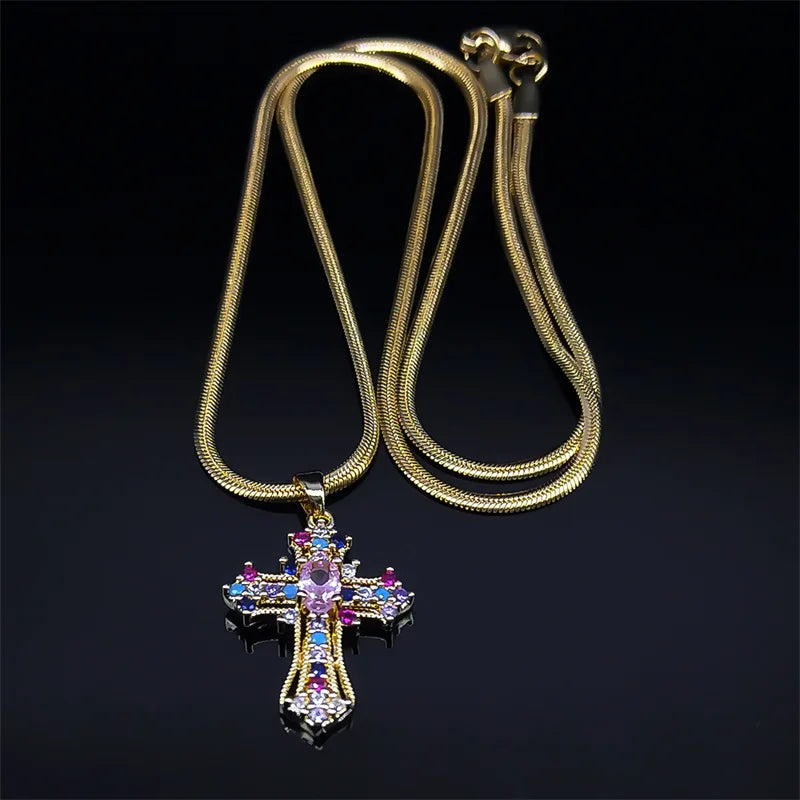 Vintage Shiny Zircon Jesus Cross Religious Amulet Necklace Women Stainless Steel Clavicle Snake Chain Choker Necklaces Jewelry