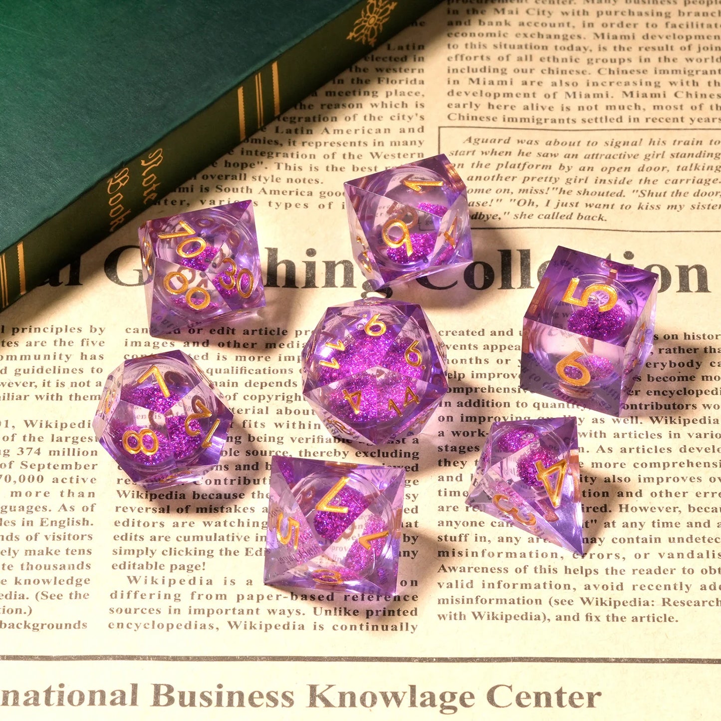 1-7pcs Quick Sand Series DND Solid Resin Dice Set Gold Word Multi-sided Polyhedral Dice for D&D Game COC Role Playing RPG D6~D20 7pcs Pruple Golden