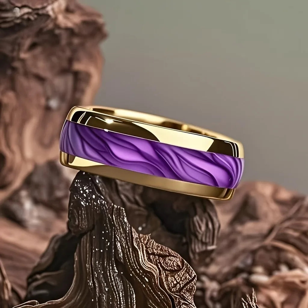 8mm Purple Red Wood Grain Stainless Steel Ring, Cool Promise Wedding Band for Men & Women, Comfort Fit, Wedding Band Jewelry
