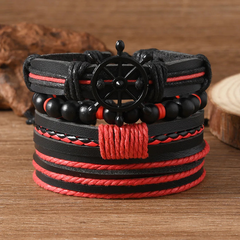 Red Beads Vintage Feather Casual 4 Pc/set Handmade Men Bracelets Male Women Leather Bracelets Men Bangle Wholesale Jewelry Gift