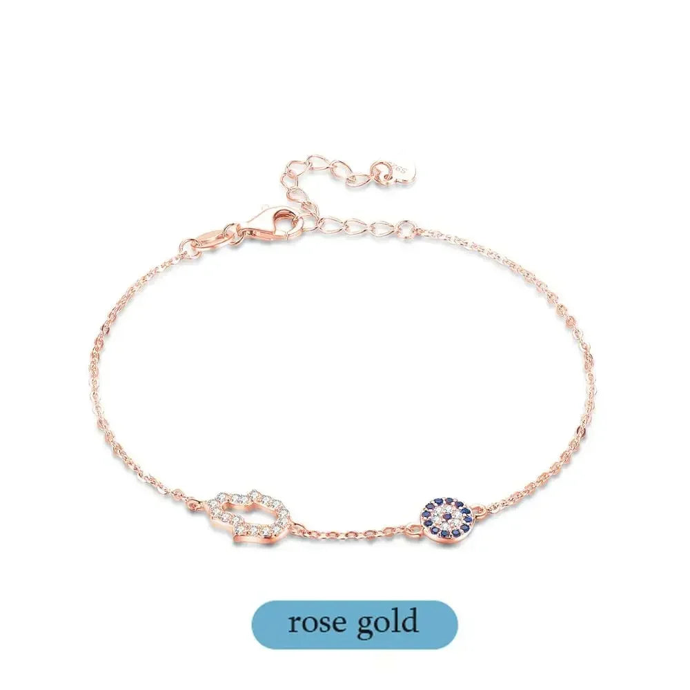 KALETINE Lucky Evil Eye Bracelets for Women 925 Sterling Silver Bracelet Blue Eye Hamsa Hand Fatima Hand Turkey Jewelry Rose Gold Color 20cm