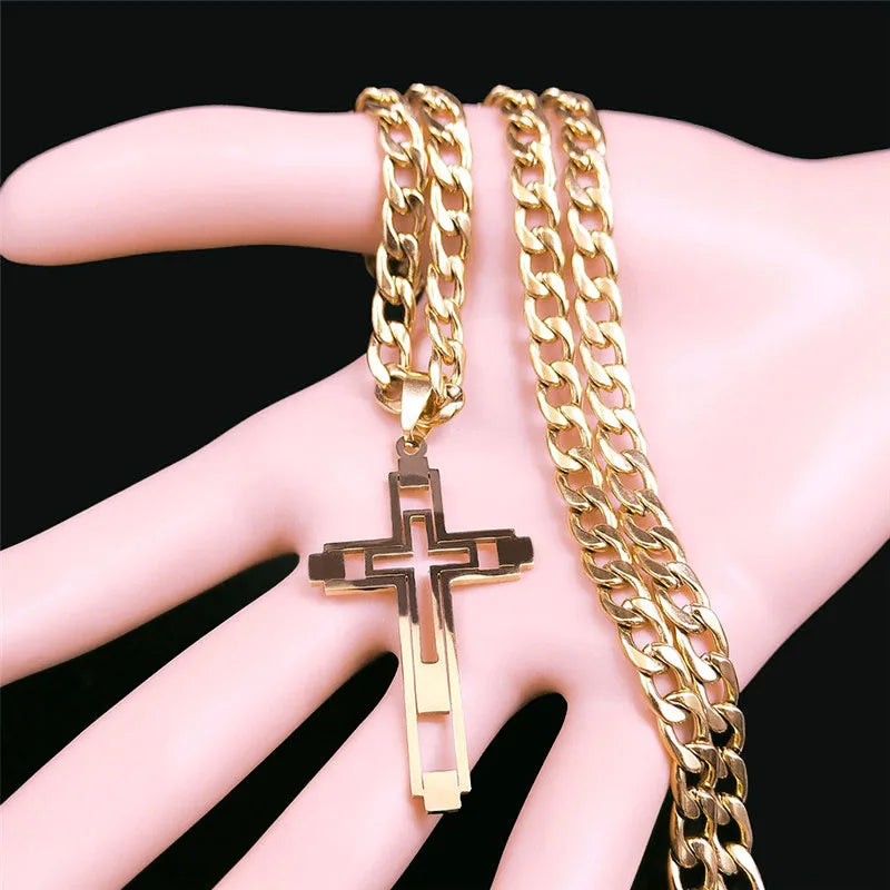 2026 Hip Hop Cross Stainless Steel Chain Necklaces Gold Color Long Pendant Necklace for Women/Men Jewelry Collier Homme N6055S05