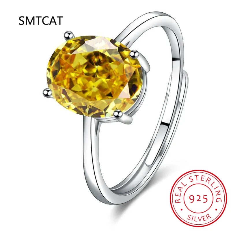 Oval Yellow Genuine Natural Citrine 925 Sterling Silver Rings for Women Fashion Gemstone Solitaire Engagement Band Yellow resizable