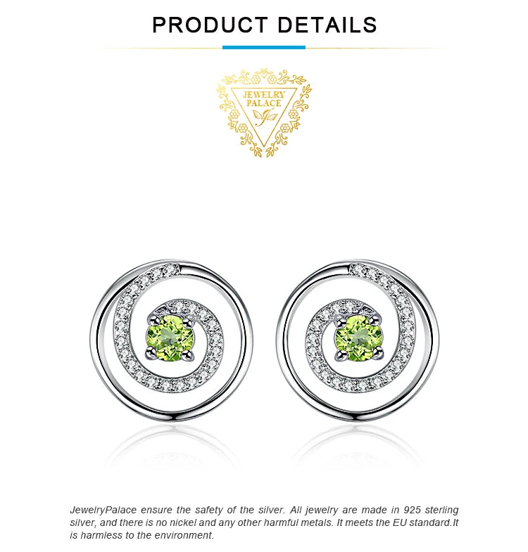JewelryPalace Circle Round Natural Peridot 925 Sterling Silver Stud Earrings for Women Green Gemstone Fine Jewelry Birthday Gift