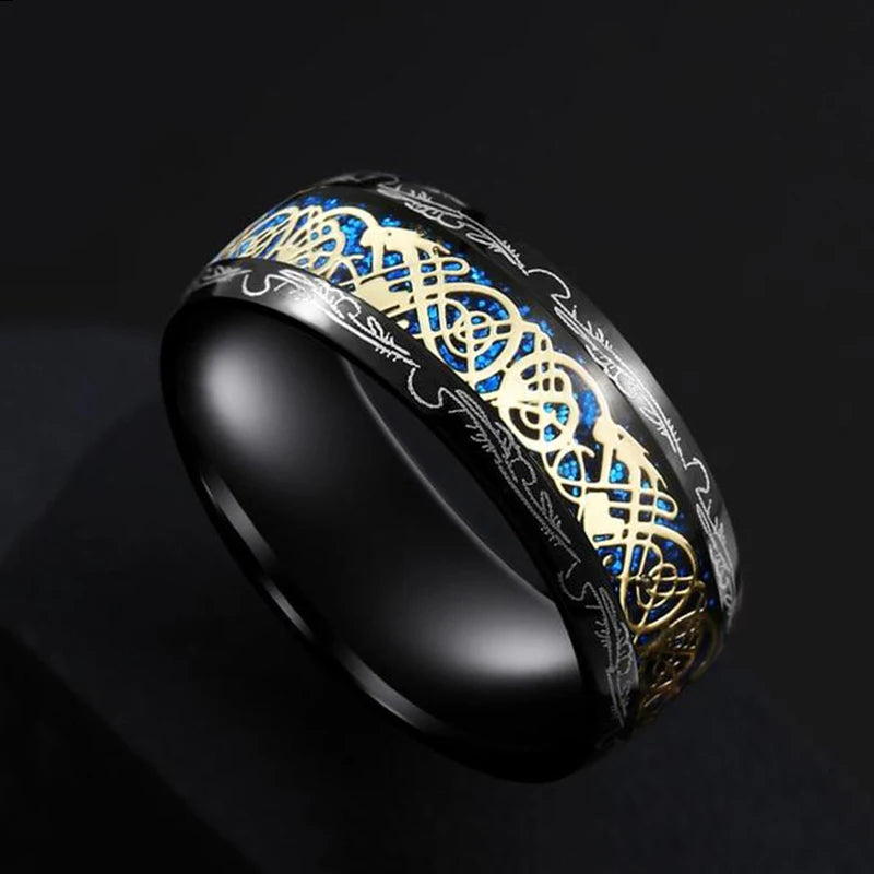 21 Colors 8mm Men's Stainless Steel Celtic Dragon Ring Inlay Red Green Black Carbon Fiber Ring Wedding Band Jewelry Size 6-13