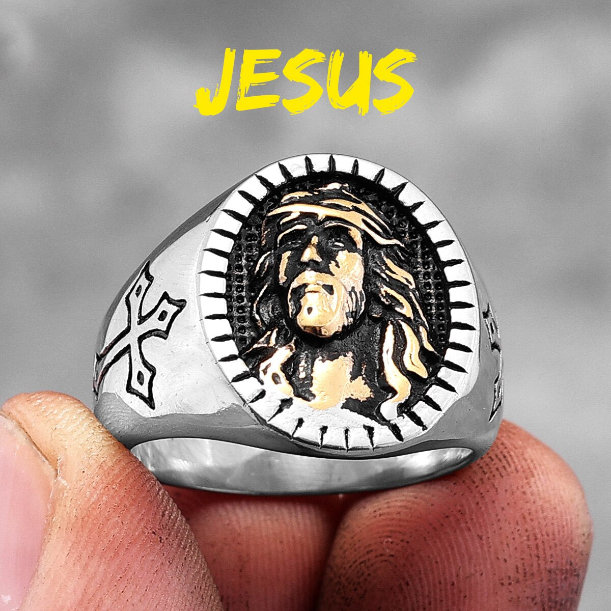 God Jesus Religion Cross Stainless Steel Men's Rings Trendy Punk Amulet for Male Boyfriend Jewelry Creativity Gift R771-Jesus-Gold