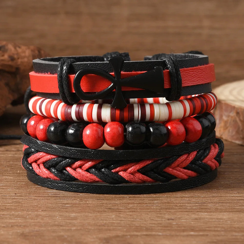 Red Beads Vintage Feather Casual 4 Pc/set Handmade Men Bracelets Male Women Leather Bracelets Men Bangle Wholesale Jewelry Gift