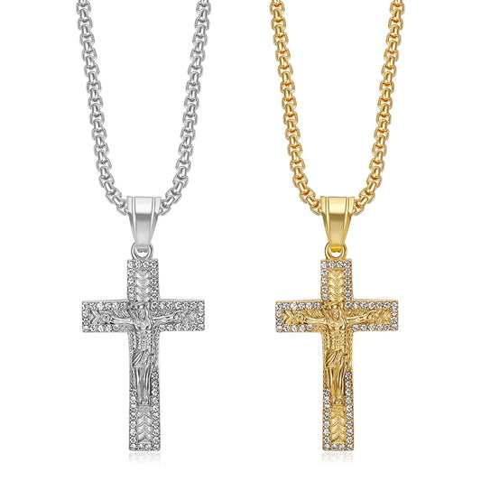 Fashion Classics Diamond Encrusted Necklace Hip Hop Stainless Steel Jesus Cross Pendant Prayer Religious Jewelry For Women Men