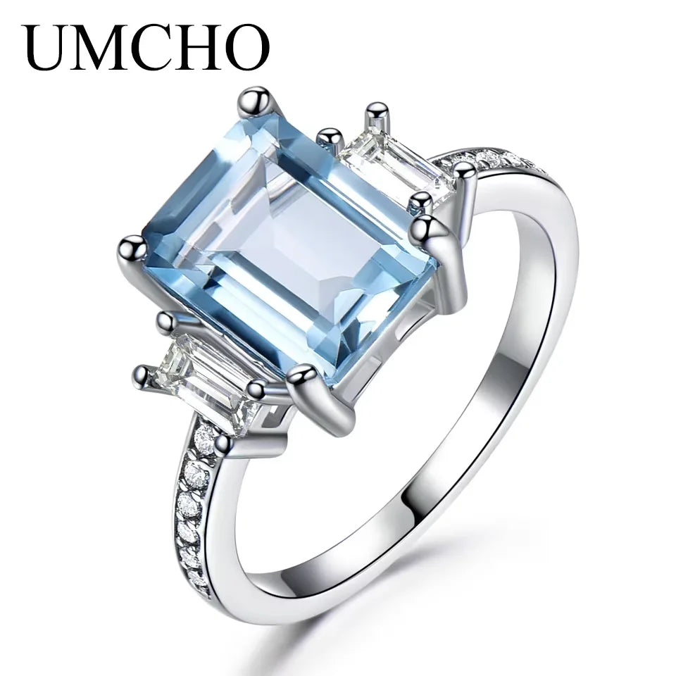 UMCHO Blue Topaz Gemstone Rings for Women Genuine 925 Sterling Silver Aquamarine Ring Romantic Wedding Engagement Fine Jewelry