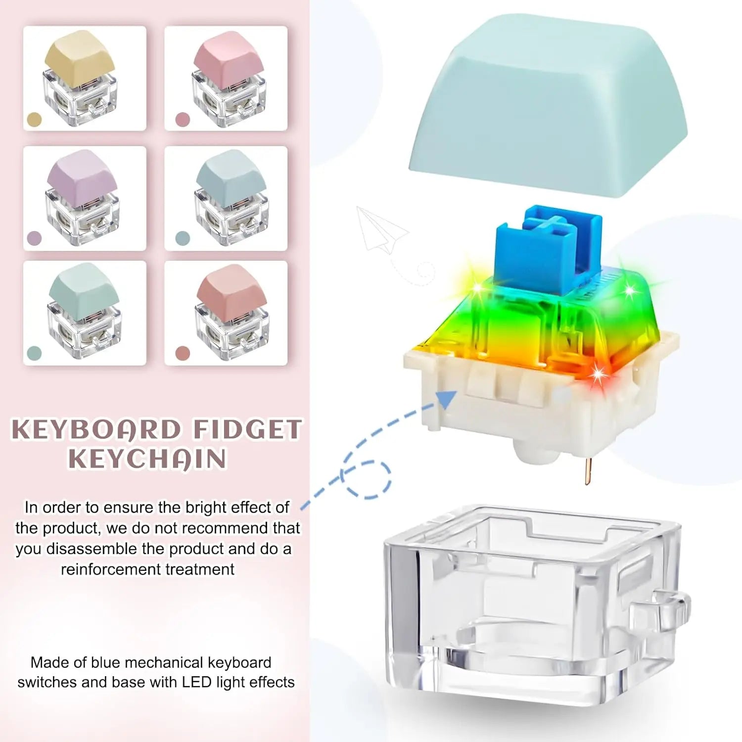 Keyboard Fidget Keychain with LED Light Keycap Stress Relief Toys Key Chain Toy Fidget Button Keyring