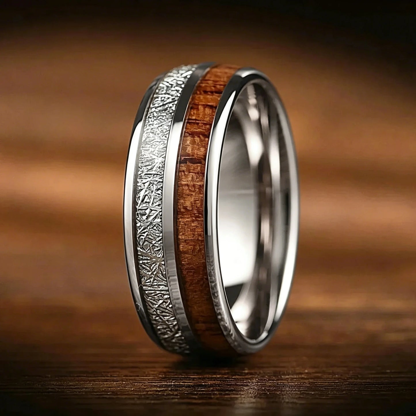 Luxury Red Opal & Meteorite Inlay Rings for Men Women, Fashion 8mm Silver Color Men Stainless Steel Rings, Wedding Band Jewelry