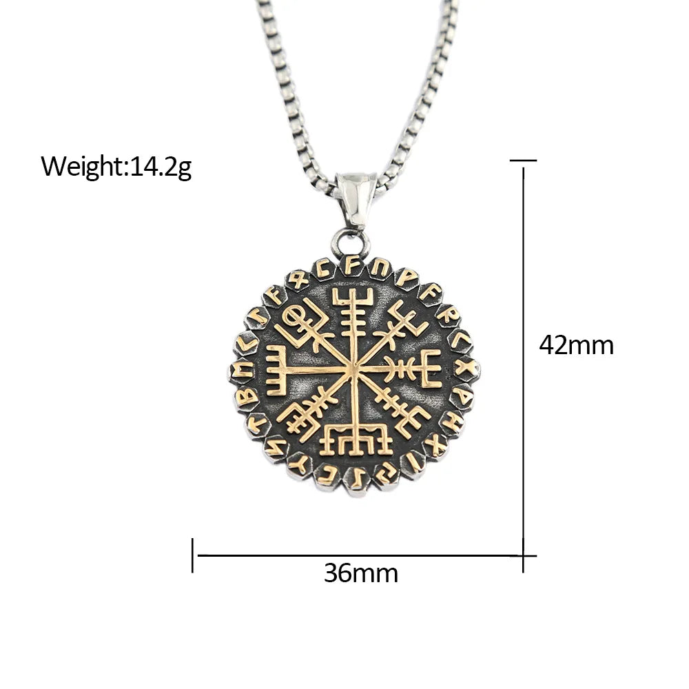 Stainless Steel Men Nordic Guidepost Compass Necklace Vintage Viking Rune Pendant Chain Vegvisir Amulet Scandinavian Norse Gifts