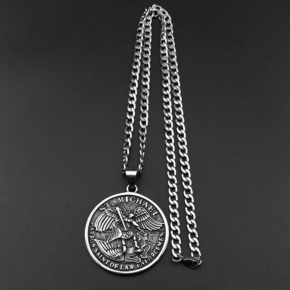 Archangel St.Michael Protect Us Pendant Necklace for Women Men Stainless Steel Saint Chain Biker Boyfriend Gift Jewelry