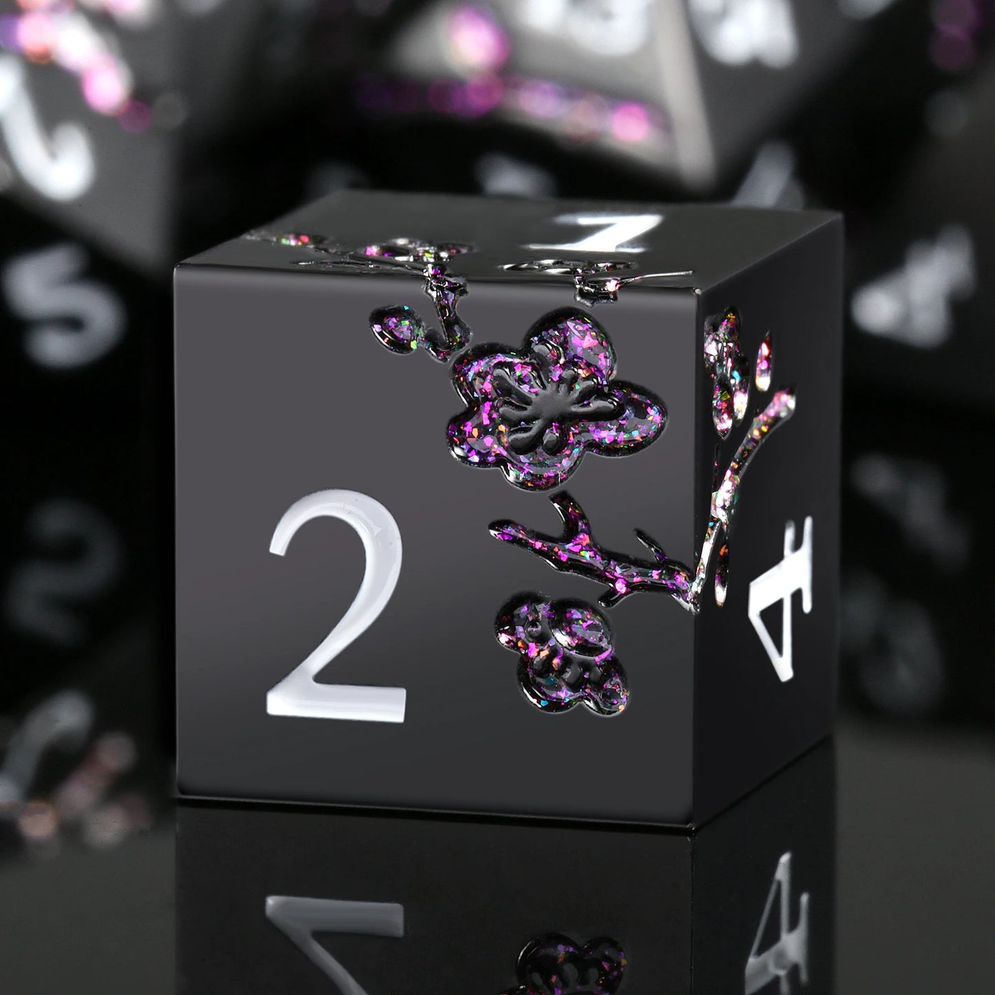 Metal Dice Set D&D, DNDND 7 PCS Flower Metallic DND Dice Set with Grogeous Gift Case for Dungeons and Dragon Tabletop Game Black Purple flower