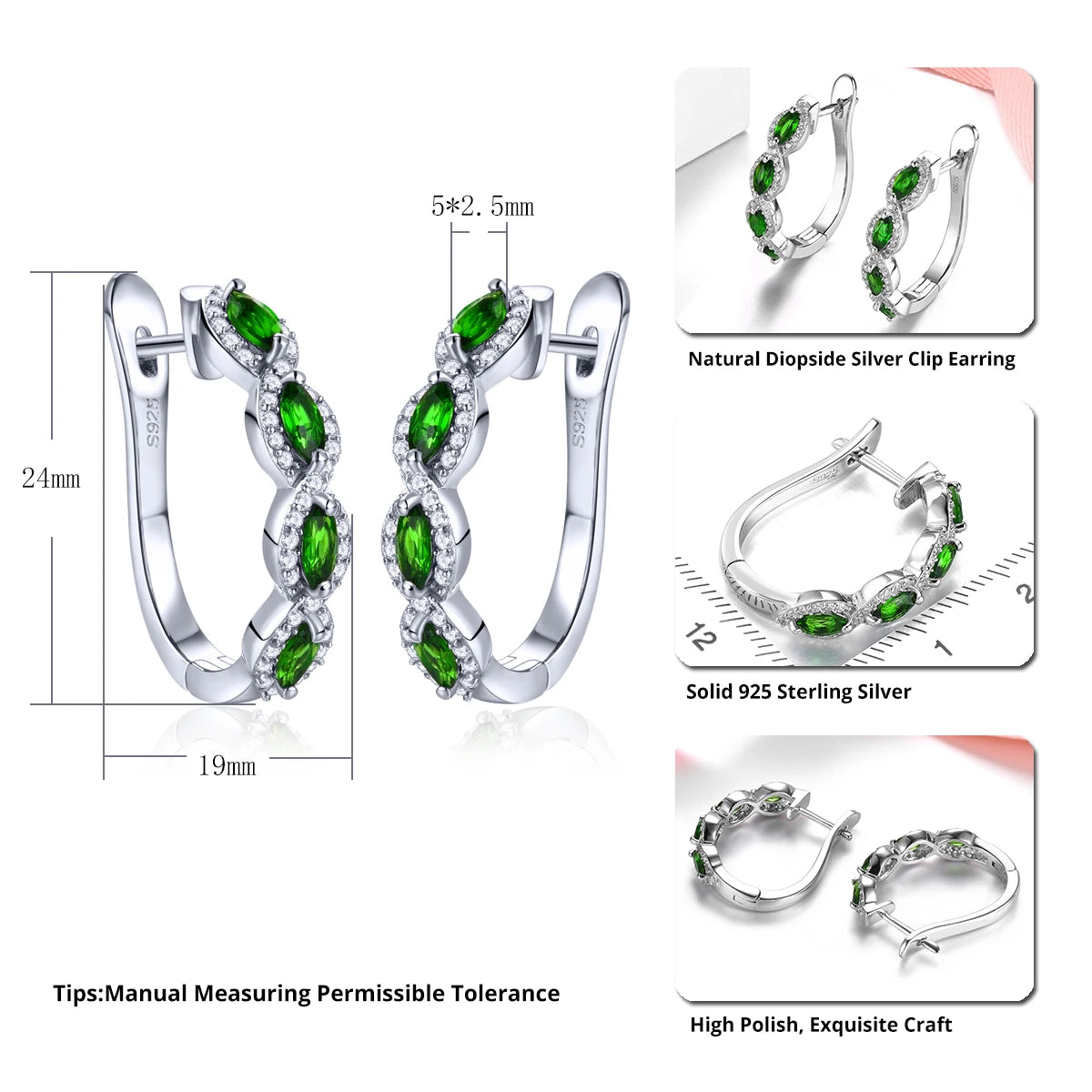 Natural Chrome Diopside Sterling Silver Hoop Earrings 1.8 Carats Genuine Gemstone Women Fine Jewelrys Anniversary Birthday Gifts