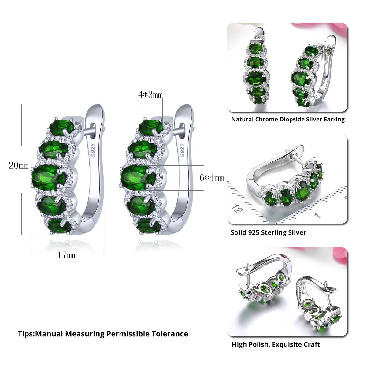 Natural Chrome Diopside Solid Silver Clip Earring 3.5 Carats Faced Gemstone Classic Simple Design S925 Women Birthday Gifts