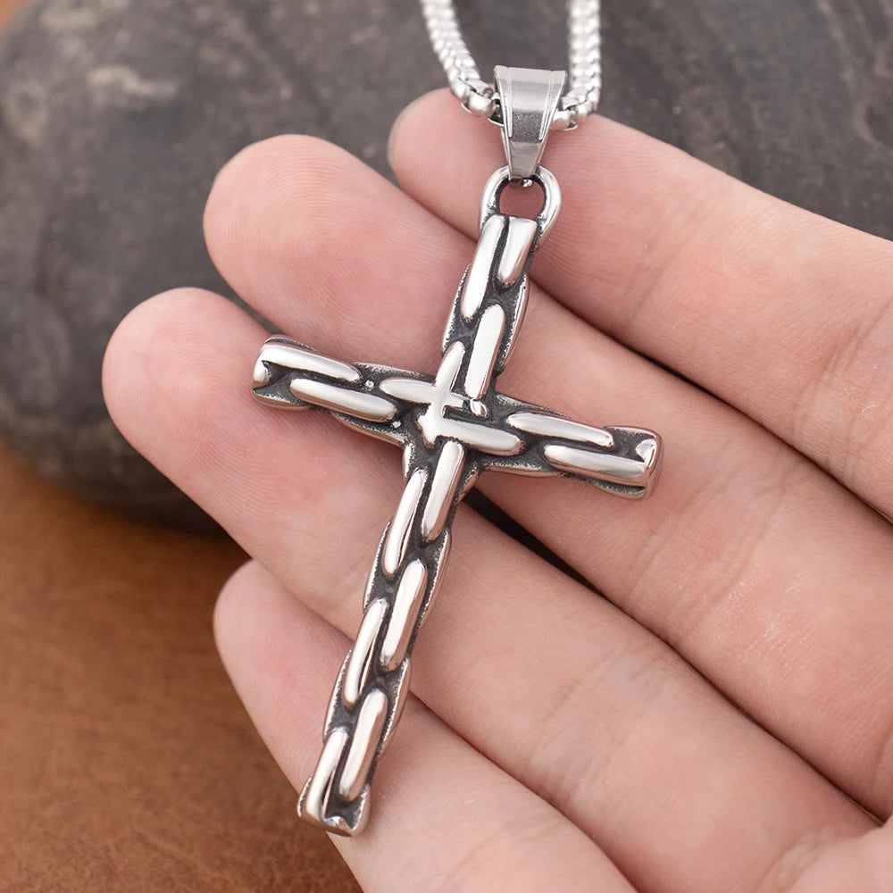 Fashion Simple Stainless Steel Cross Pendant Punk Hip Hop Unique Cross Necklace Creative Religious Amulet Jewelry Gift