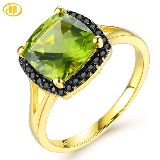 Natural Peridot Black Spinel Silver Yellow Gold Plated Ring 3 Carats Genuine Gemstone Speical Design Top Quality Fine Jewelrys 6