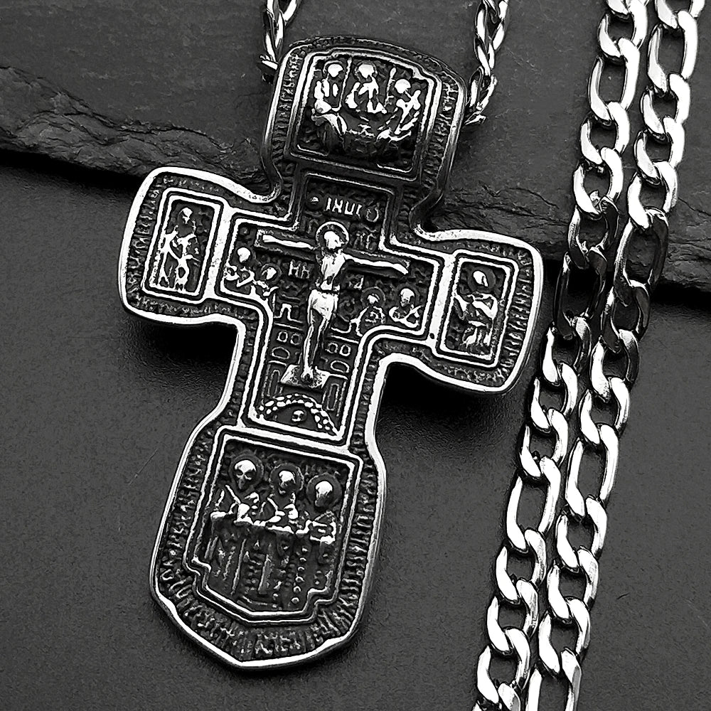 Jesus Crucifix Cross Orthodox Necklace for Women Men Stainless Steel Christian Believer Chain Necklace Vintage Charm Jewelry