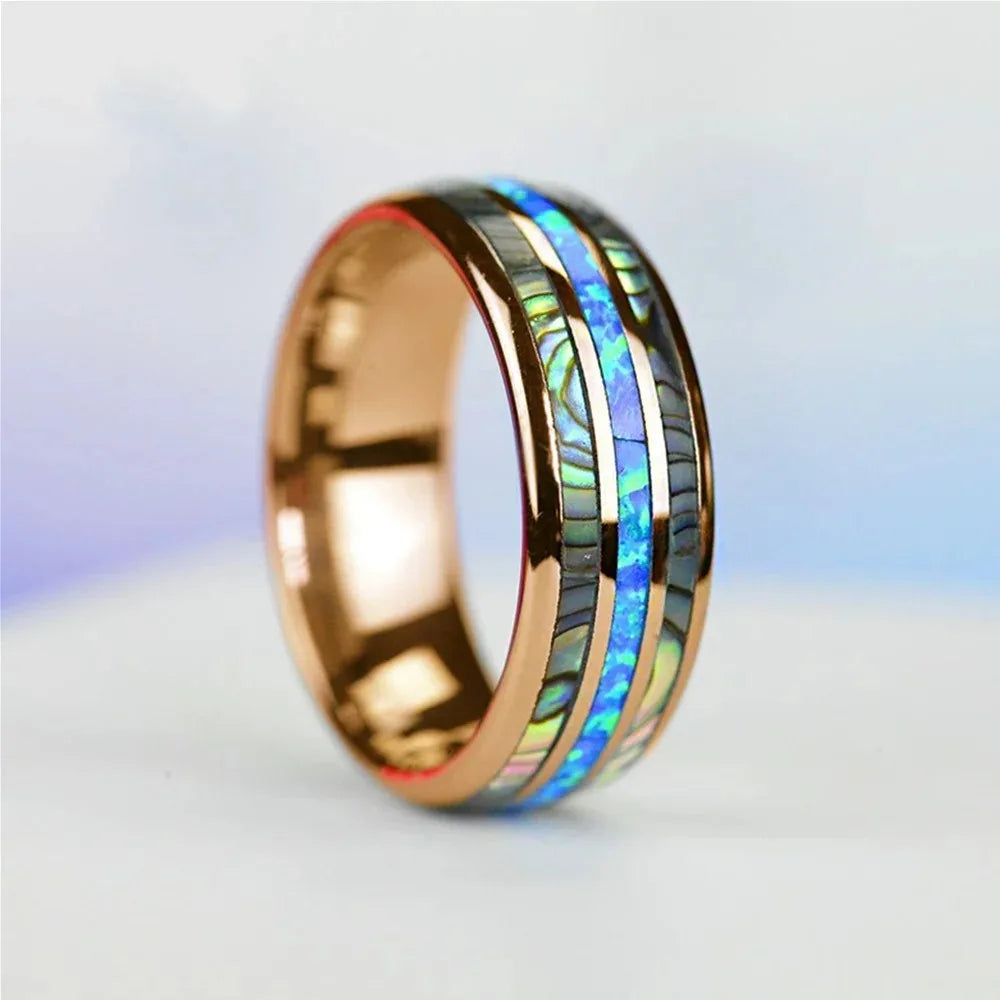Fashion 8mm Silver Color Stainless Steel Ring For Men Fashion Abalone Shell Inlay Ring Men's Wedding Band Accessories Wholesale