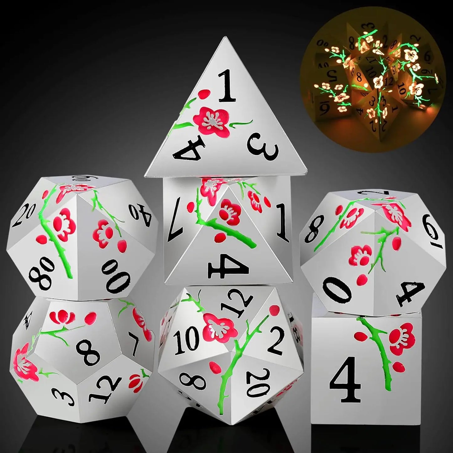 Metal Dice Set D&D, DNDND 7 PCS Flower Metallic DND Dice Set with Grogeous Gift Case for Dungeons and Dragon Tabletop Game Glow pink