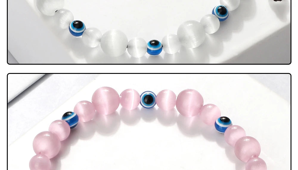Blue Evil Eye Beaded Bracelets Natural Cat Eye Stone 6 8mm Opal Men Bangles Adjustable Women Bracelet Lucky Yoga Jewelry Gifts