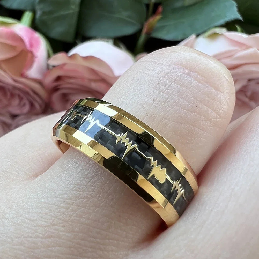 Fashion 8mm SilverBlue Carbon Fiber Heart Inlay Tungsten Carbide Engagement Rings Wedding Bands Domed Polished Shiny Comfort Fit