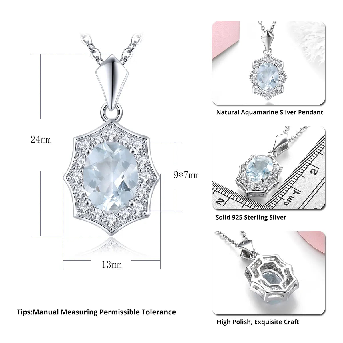 Natural Aquamarine Sterling Silver Pendant 1.6 Carats Genuine Light Blue Gemstone Classic Simple Design S925 Birthday Gifts