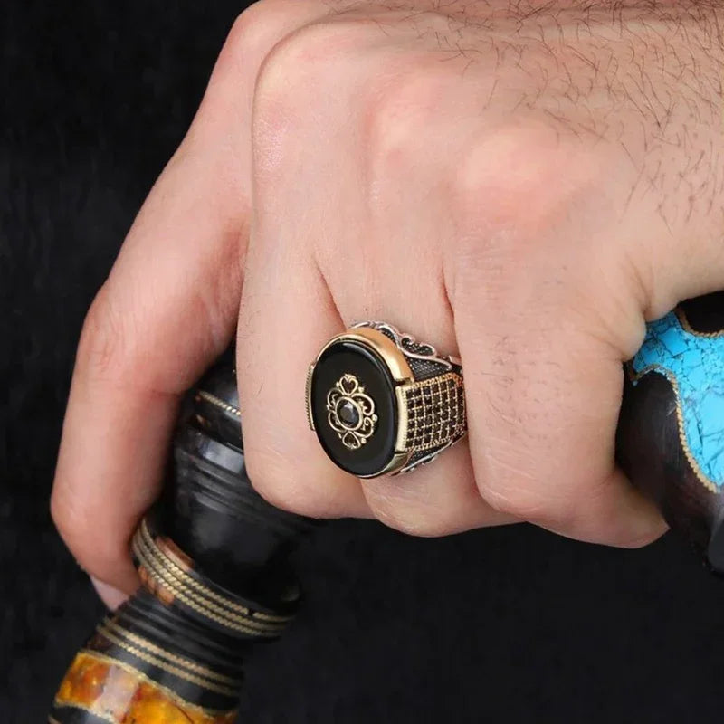 New Retro Handmade Turkish Rings for Men Vintage Double Swords Black Zircon Rings Punk 2024 Trendy Islamic Religious Muslim