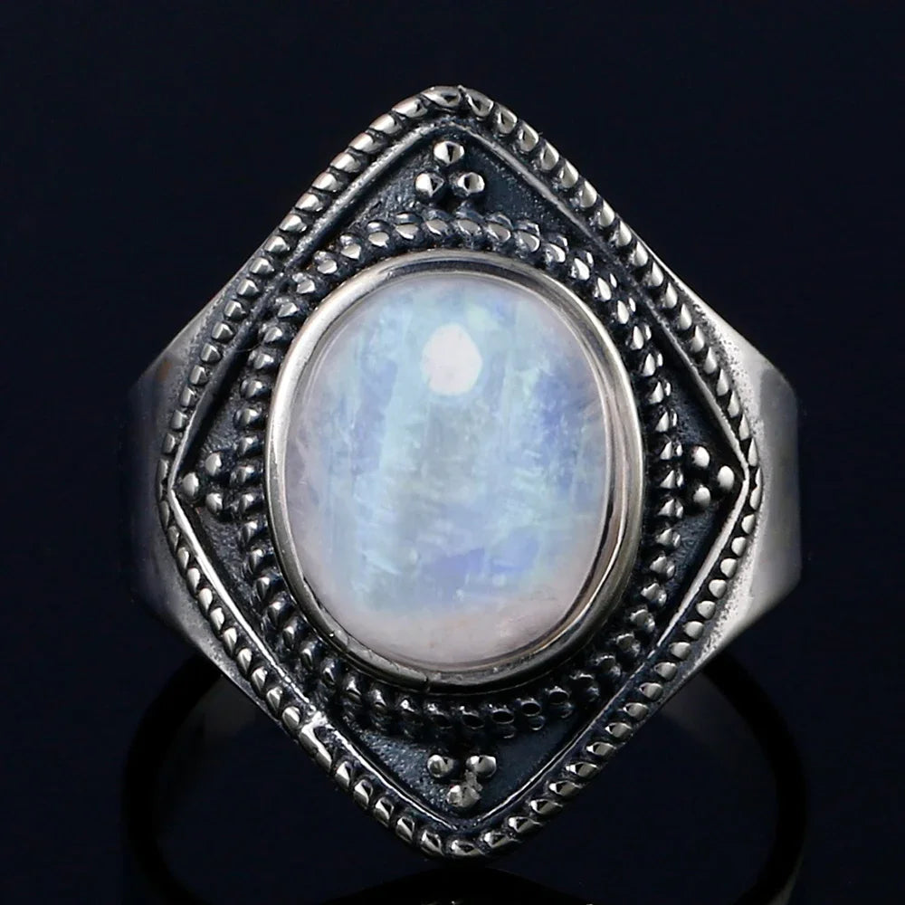 Round Oval Big Natural Moonstones Rings Women's 925 Sterling Silver Rings Gifts Vintage Fine Jewelry R326MS-5