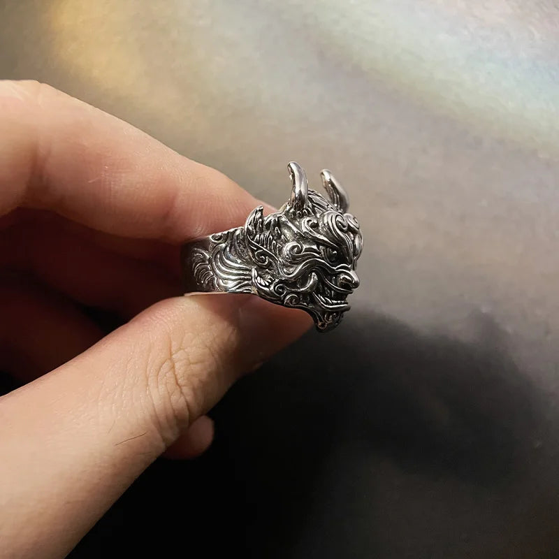 Retro Mahakala Mask Ring For Men Silver Color Punk Gothic Rock Hiphop Adjustable Open Ring Handmade Jewelry Biker Accessories