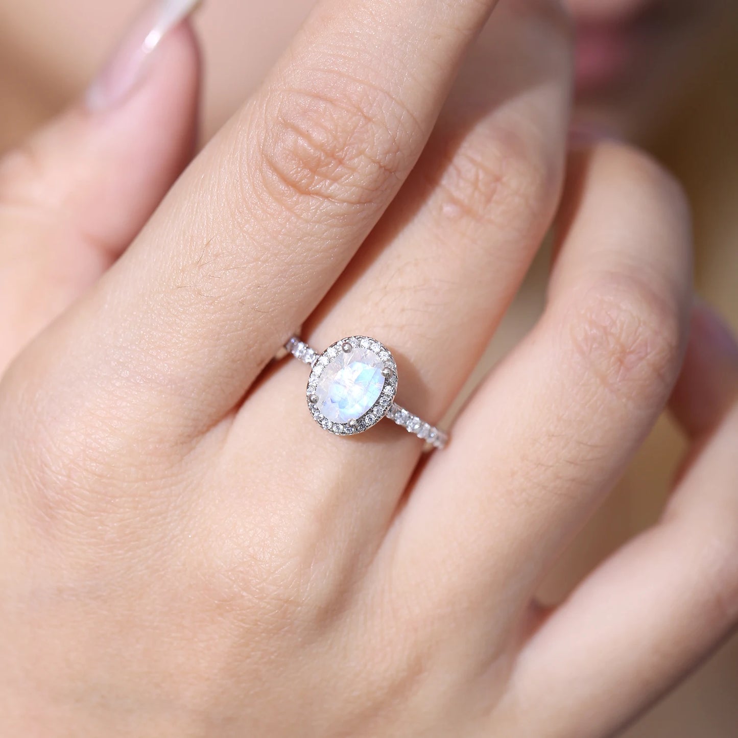 GEM'S BALLET June Birthstone Oval Milky Blue Moonstone Halo Engagement Ring in 925 Sterling Silver Dainty Promise Ring