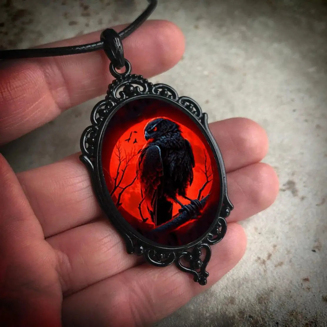 Gothic Raven Cross Glass Pendant Necklace Vintage Rope Chain Crow Choker Mystic Witch Jewelry Gift Accessories for Women Men