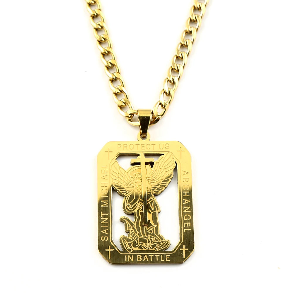 Archangel St.Michael Protect Us Medal Cross Pendant Necklace for Women Men Stainless Steel Saint Michael Amulet Chain Jewelry