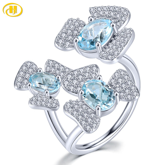 Natural Genuine Sky Blue Topaz Sterling Silver Adjustable Rings 3.5 Carats Flower Design Romantic Sweet Style Christmas Gifts