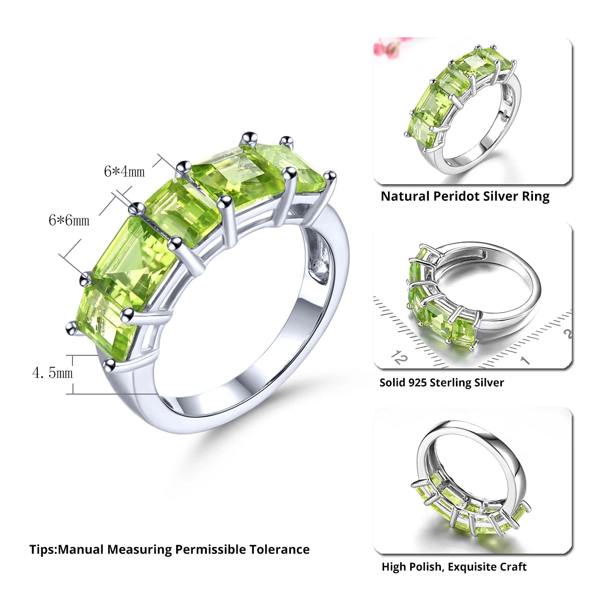 Natural Genuine Peridot Sterling Silver Rings 4.3 Carats Gemstone Women Classic Fine Jewelry Top Quality S925 Christmas Gifts